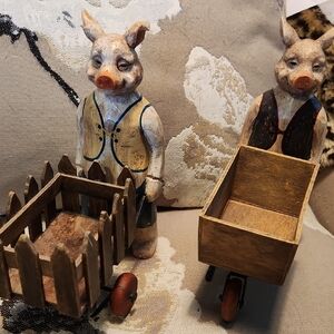 Handcrafted Wooden Pig Figurines with Carts
